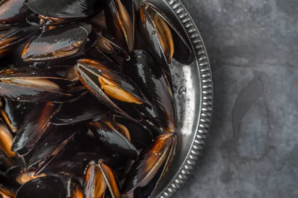 Open sash mussels on an old metal plate on a slate