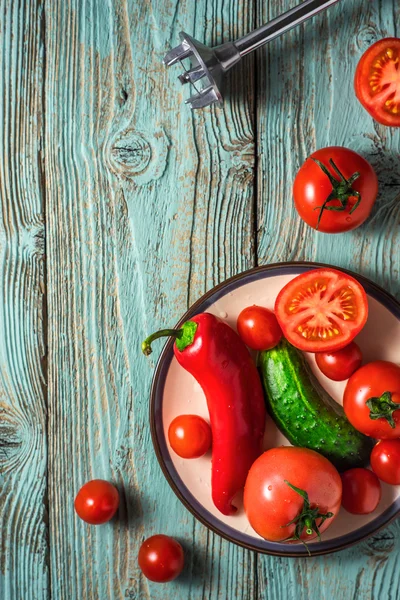 Ingredients for vegetable soup gazpacho, a plate and a blender o