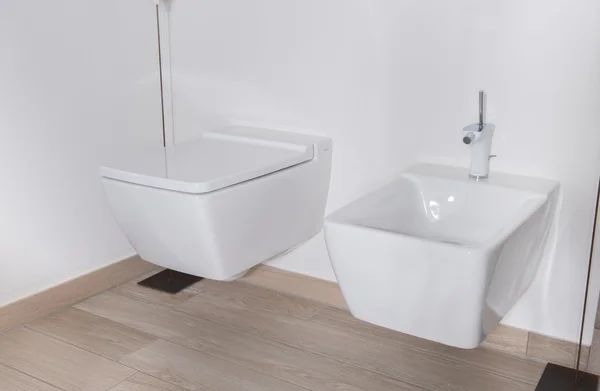 Stylish bathroom with bidet and WC in white