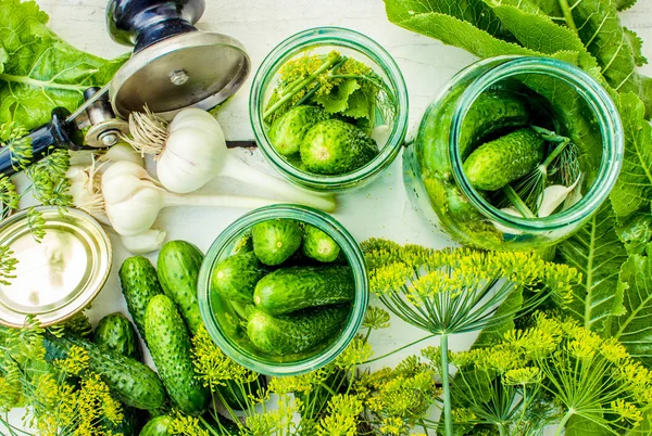 Fresh pickling cucumbers.Preparing to pickle fresh cucumbers with dill,garlic and spices