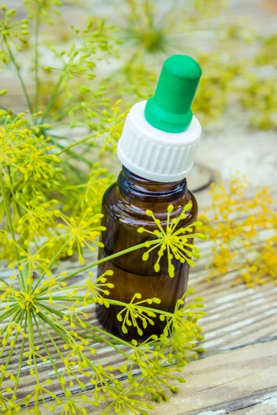 A dropper bottle of dill essential oil. Fresh dill leaves in the background