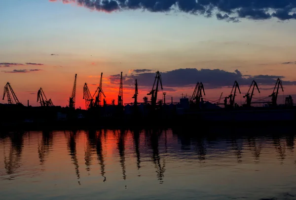 Silhouette of sea port at dusk. Odessa, Ukraine