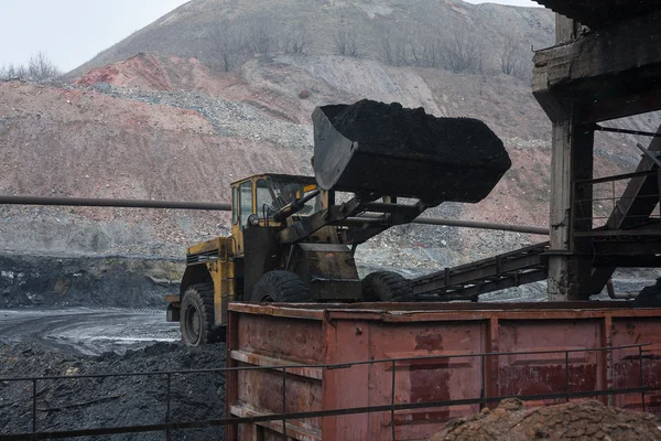 Loader loads coal into rail car. Industry