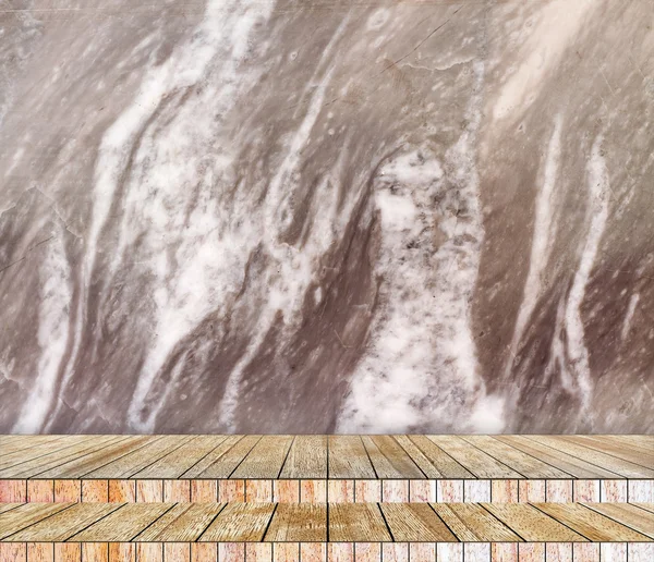 Backdrop marble wall and wood slabs arranged in perspective texture background for design.