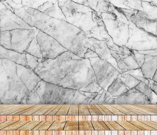 Backdrop marble wall and wood slabs arranged in perspective texture background for design.