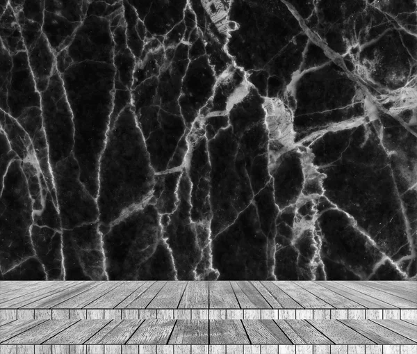 Backdrop marble wall and wood slabs arranged in perspective texture background.