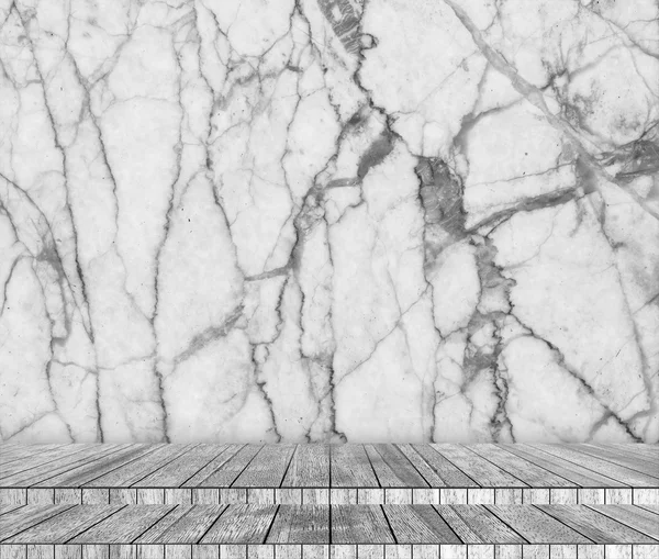 Backdrop gray marble wall and wood slabs arranged in perspective texture background.