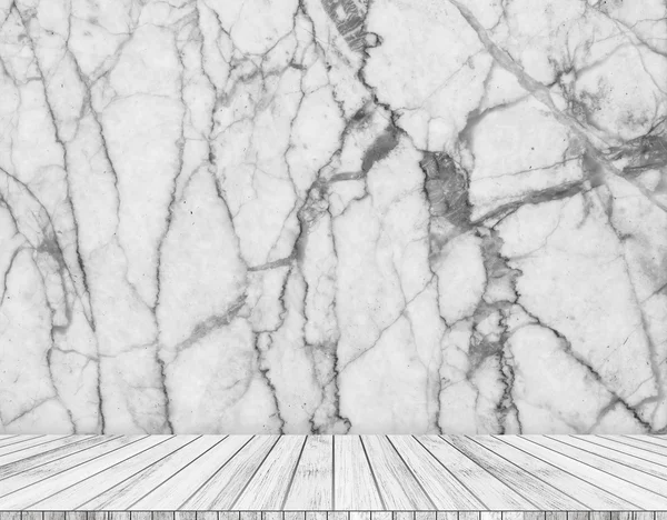 Backdrop marble wall and wood slabs arranged in perspective texture background.
