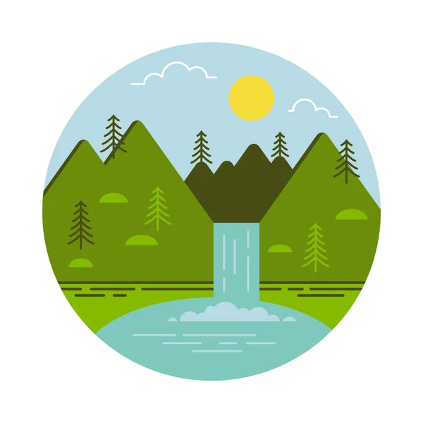 Mountain waterfall and lake. Vector illustration.