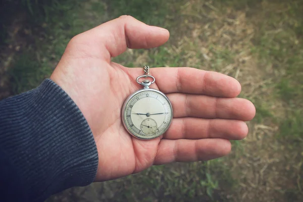 Old pocket watch in a man\'s hand