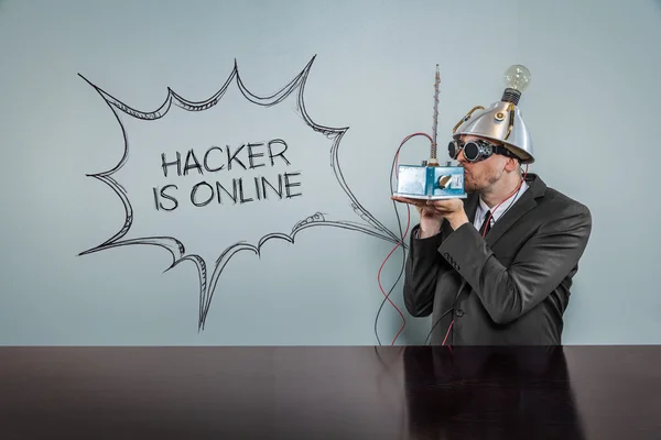Hacker is online text with vintage businessman