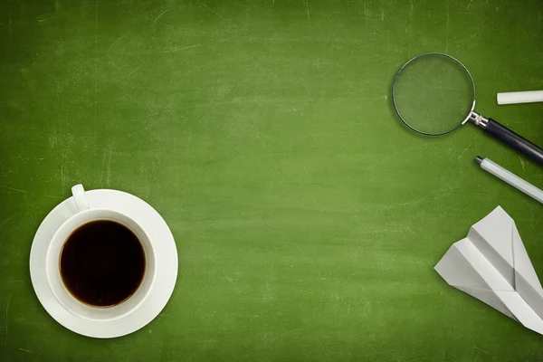 Green blank blackboard with coffee cup