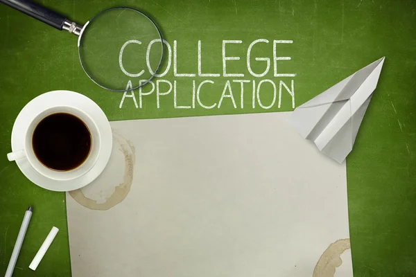 College application concept on green blackboard with empty paper sheet