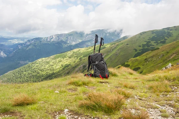 Backpack and trekking poles