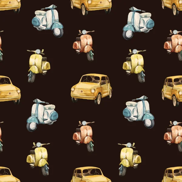 Watercolor retro scooter and car pattern