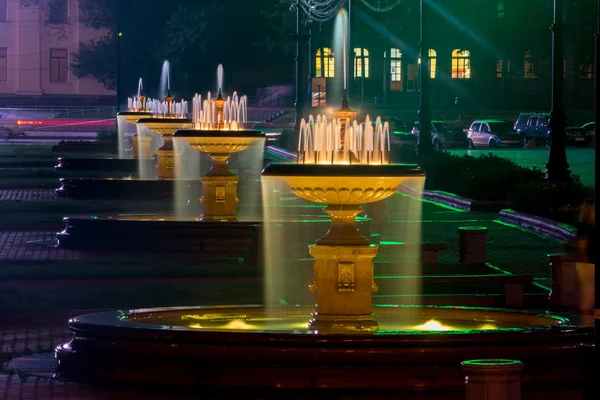Illuminated fountains on the main square of Khabarovsk, Russia -