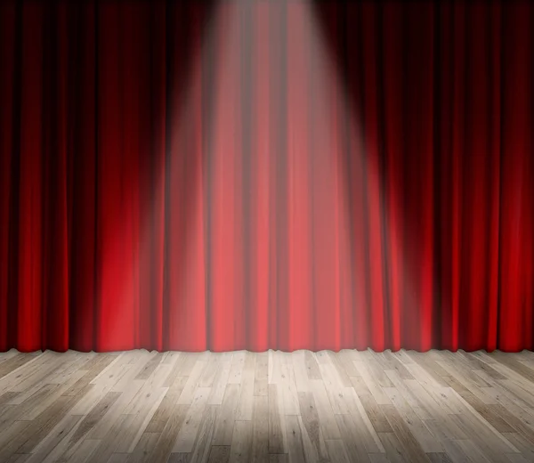 Background. lighting on stage. red curtain and wooden floor inte