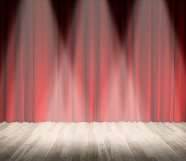 Background. lighting on stage. red curtain and wooden floor inte