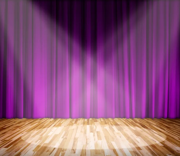 Lighting on stage. Purple curtain and wooden floor interior background