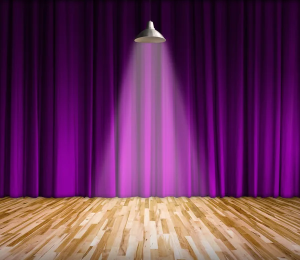 Lamp with lighting on stage. Lamp with purple curtain and wooden floor interior background.