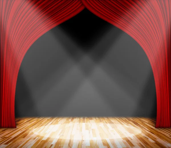 Background. lighting on stage. red curtain and wooden floor inte