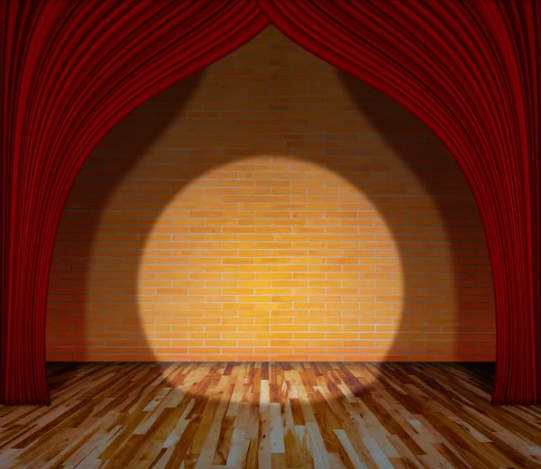 Red curtain in front of brick wall and wooden floor with lightin