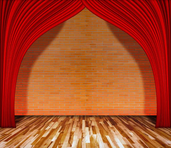 Red curtain in front of brick wall with wooden floor, Template f