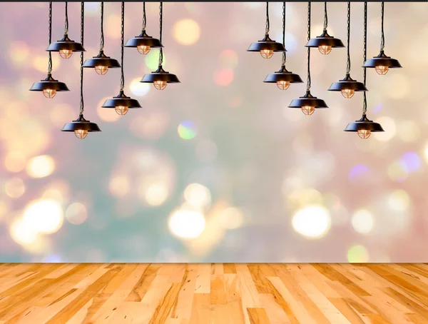 Lamp in bokeh background  with Wood plank floor