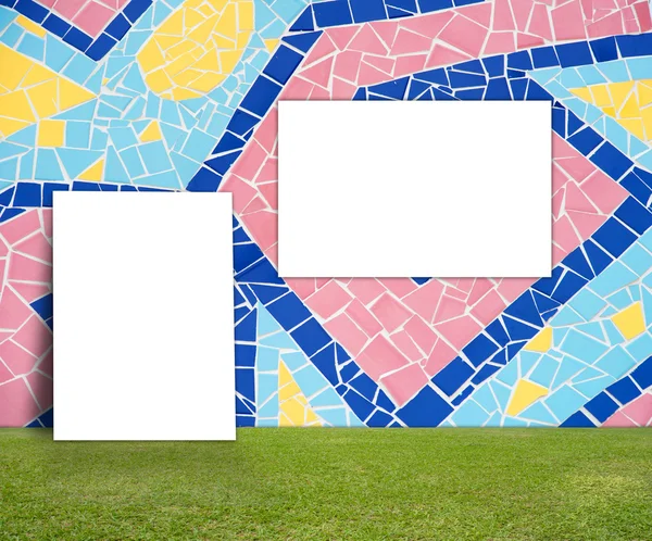 Blank Poster with Colorful mosaic tile wall and green lawn for information message