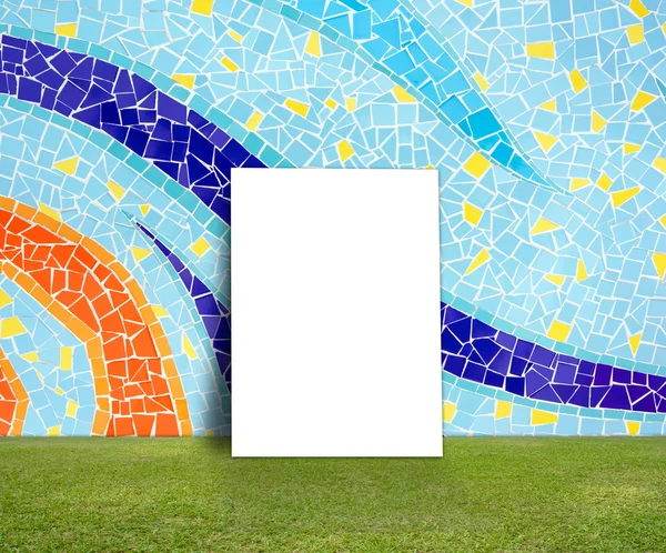 Blank Poster with Colorful mosaic tile wall and green lawn for information message