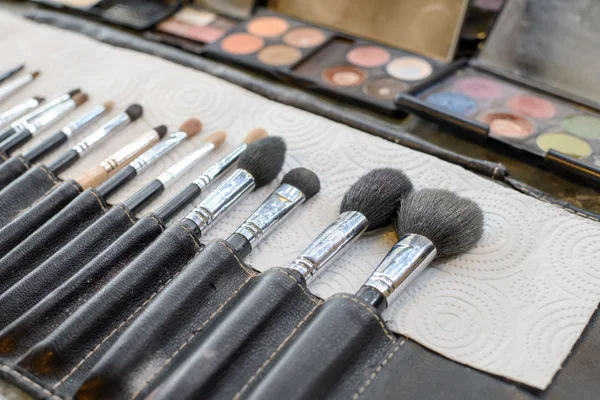 Close-up Various Makeup brushes in leather case