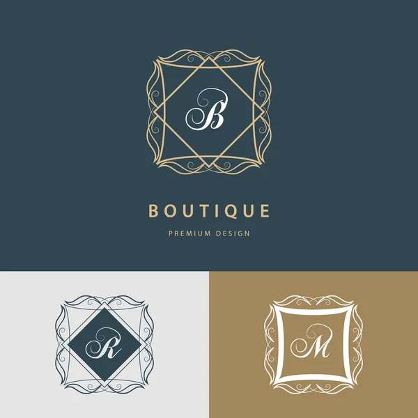 Line graphics monogram. Royal art logo design. Letter B, R, M. Graceful template. Business sign, identity for Restaurant, Royalty, Boutique, Cafe, Hotel, Heraldic, Jewelry, Fashion. Vector elements