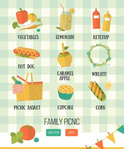Vector illustration family picnic. Summer, spring barbecue and picnic icons set. Flat style. Snacks, vegetables, healthy food on checkered tablecloth. Party items, decorations, food. Romantic dinner.