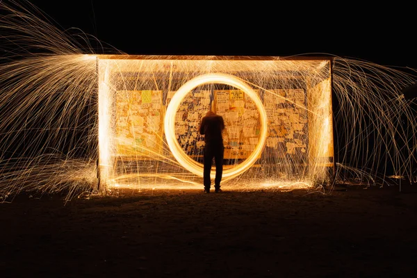 Steel wool spinning, fire shower concept abstract background