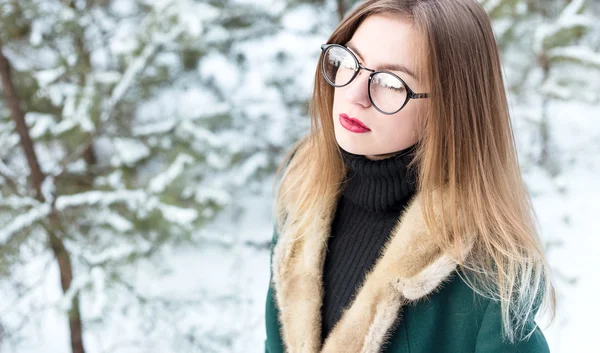 Portrait of woman in winter. Closeup.