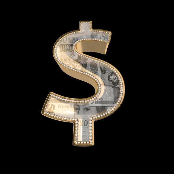 Golden US dollar sign. with brilliants on black matte