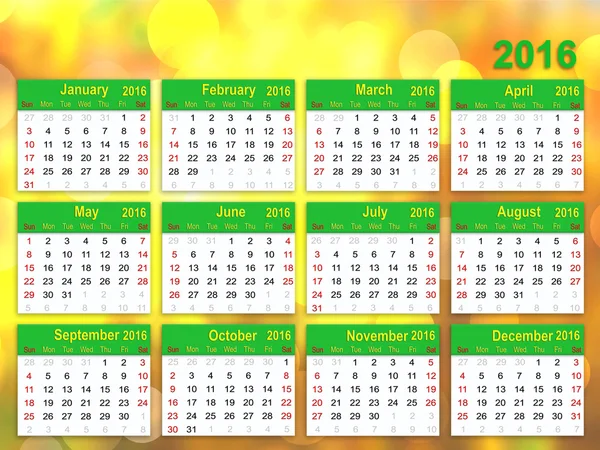 Calendar for 2016 :Week Starts sunday