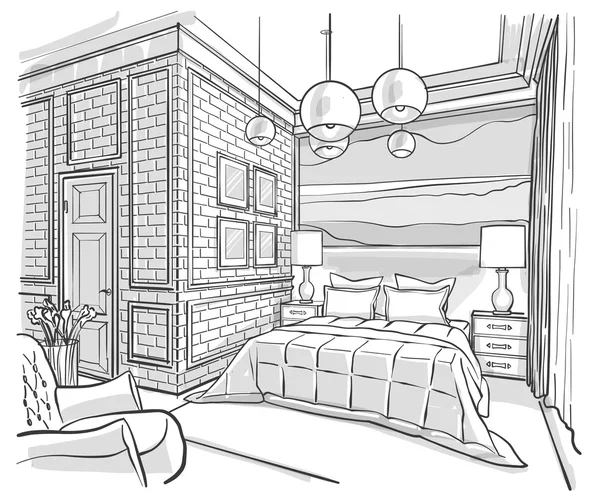 Bedroom interior outline vector sketch drawing