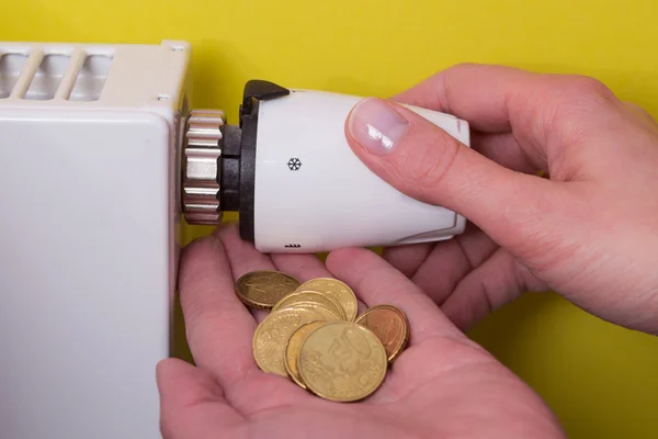 Radiator thermostat, coins and hand - yellow
