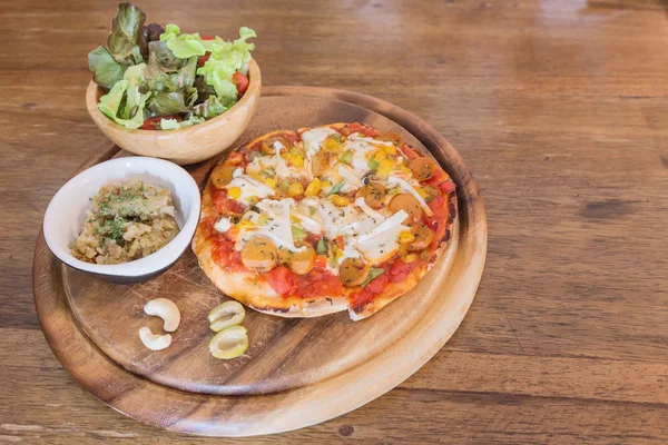 Healthy Vegetables Salad Sausage and Mushrooms Pizza On Wood