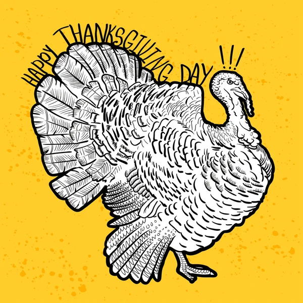 Happy Thanksgiving Day, outline cartoon turkey with text bright yellow background