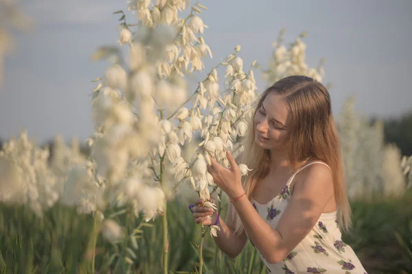 Princess. Young beautiful pretty woman posing in long evening luxury dress against bushes with white flowers