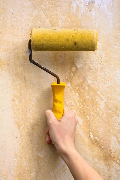Hand lubricating wall on glue with roller