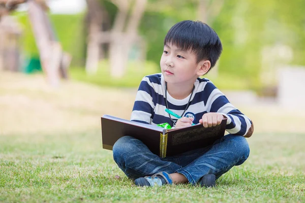 Little asian boy drawing in the garden