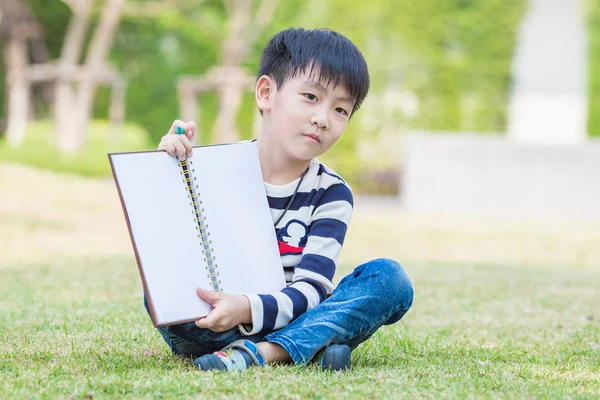 Little asian boy drawing in the garden