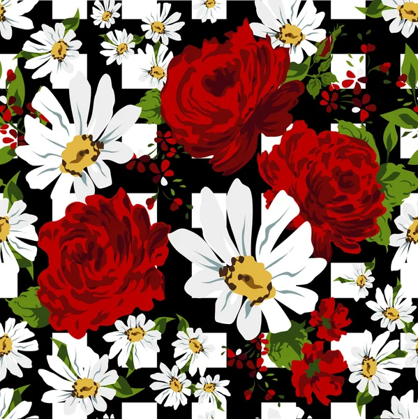 Beautiful seamless floral pattern background. Flower bouquets of red roses and camomile.
