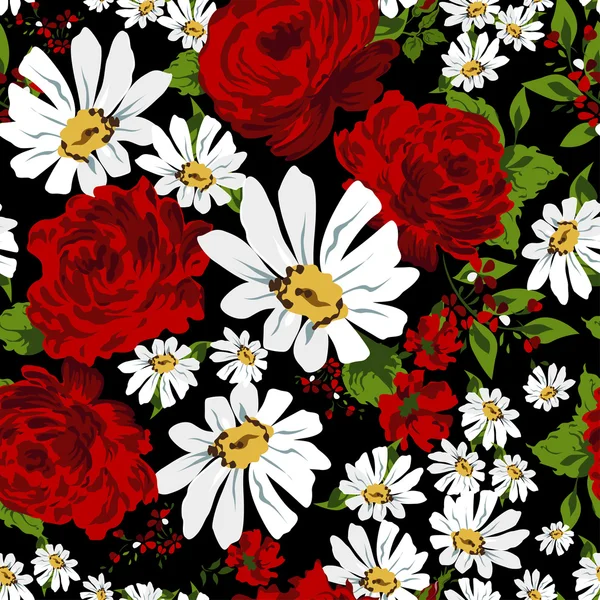 Beautiful seamless floral pattern background. Flower bouquets of red roses and camomile.