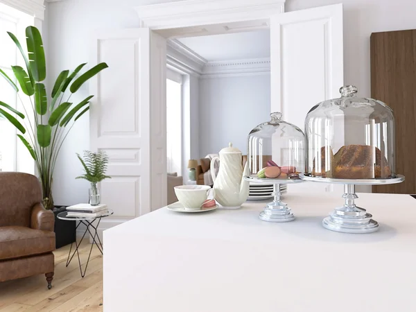 Luxury kitchen with cake on the table. 3d rendering