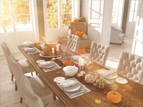 Nordic kitchen in an apartment. 3D rendering. thanksgiving concept.