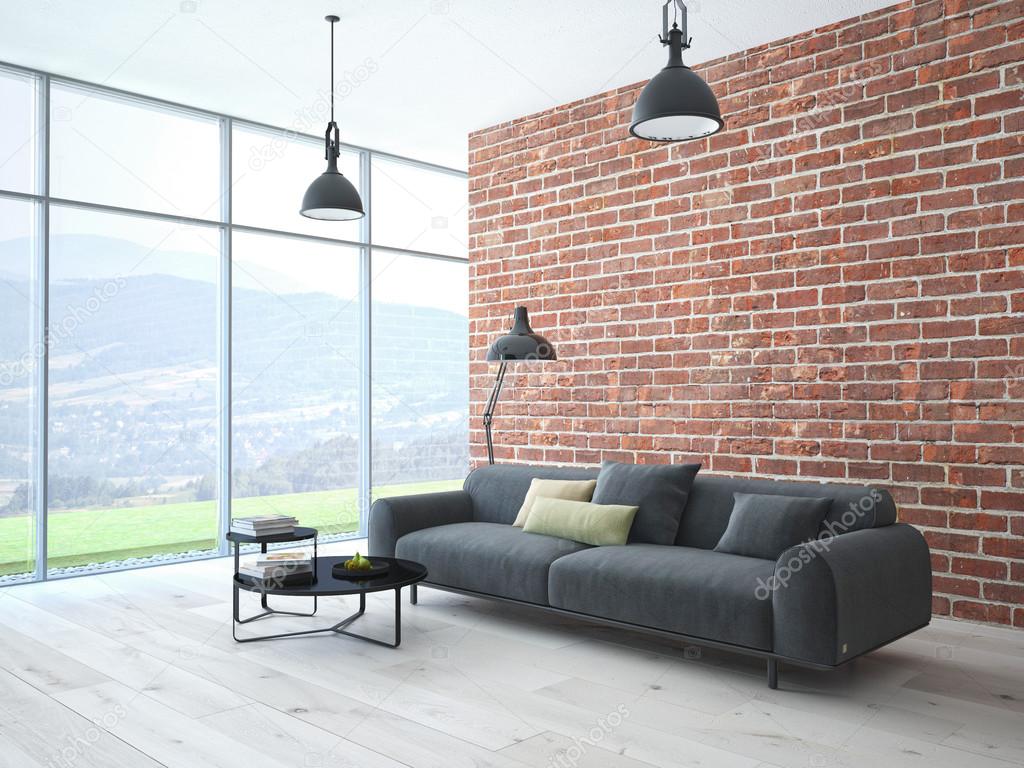 Loft interieur met bakstenen muur en koffietafel — stockfoto ...
